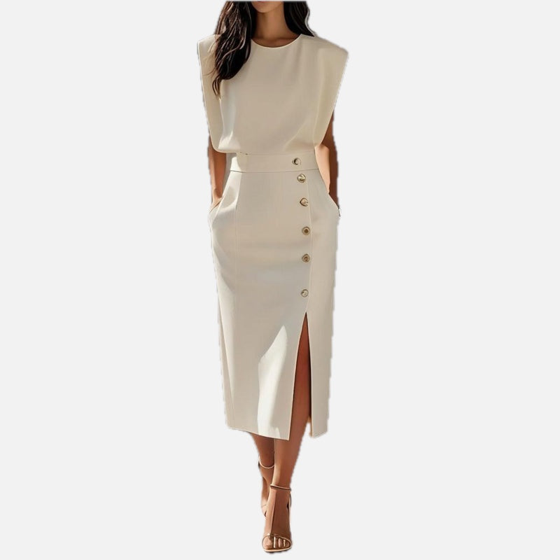 Women's Structured Midi Dress with Button Detail and Split Hem