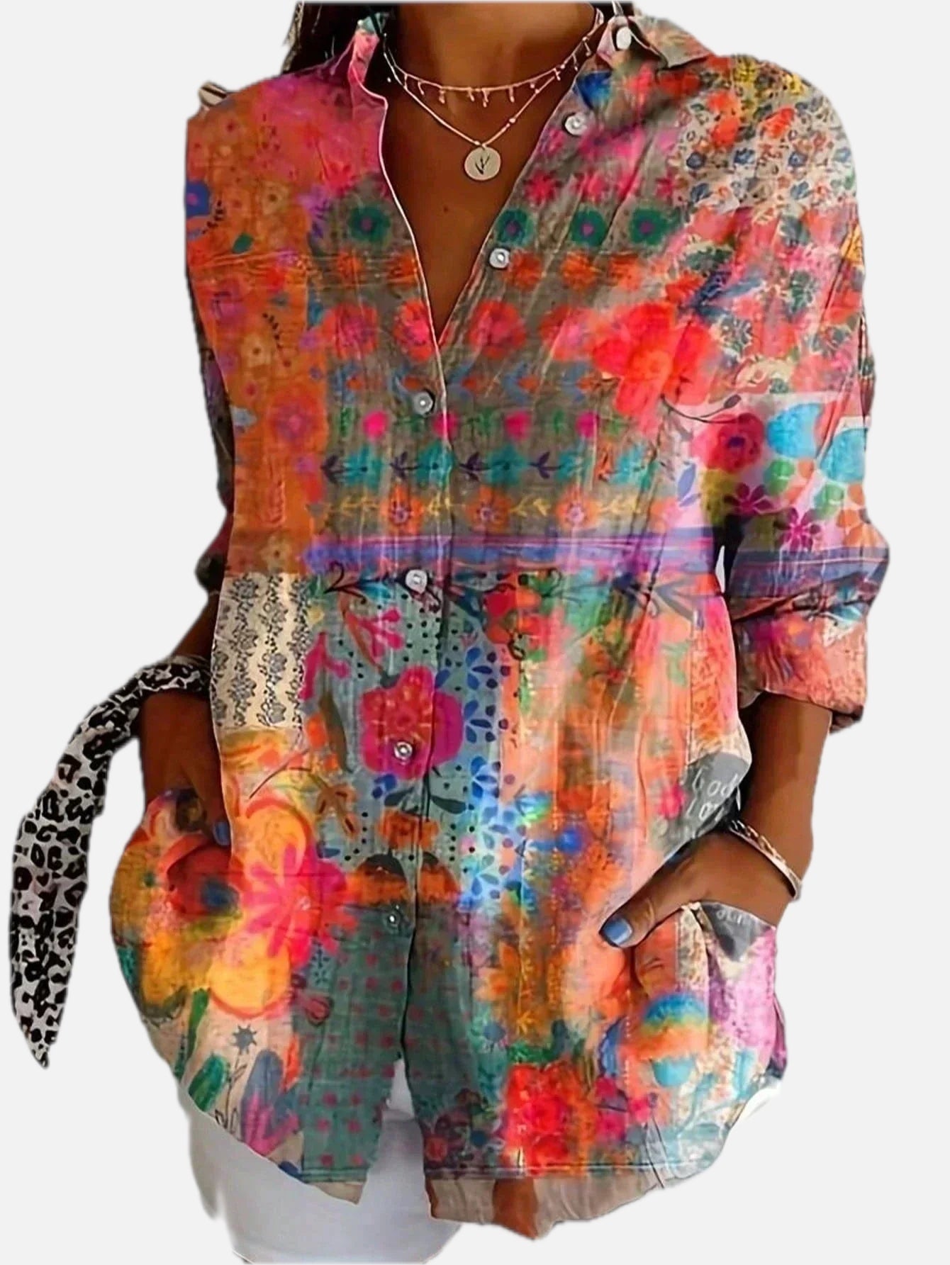 Women's Blouse Long Sleeve with V-Neck and Floral Print