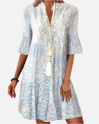 Women's Boho Print Dress with Flared Sleeves and V-Neck - 1