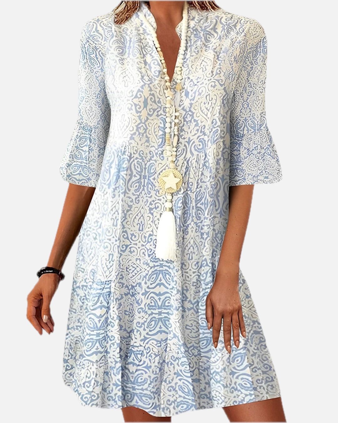 Women's Boho Print Dress with Flared Sleeves and V-Neck - 1