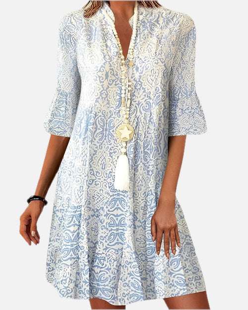 Women's Boho Print Dress with Flared Sleeves and V-Neck - 1