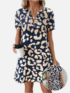 Women's Leopard Print Dress with Notch Neck and Short Sleeves