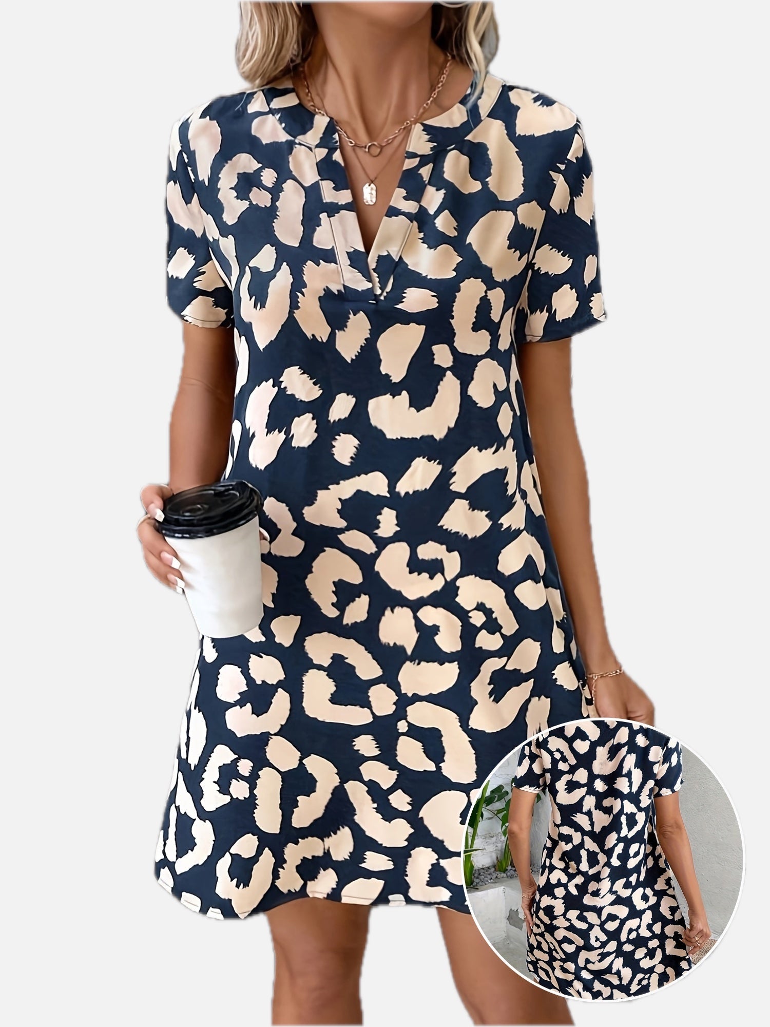 Women's Leopard Print Dress with Notch Neck and Short Sleeves