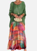 Women's Tiered Maxi Dress with Round Neck and Long Sleeves
