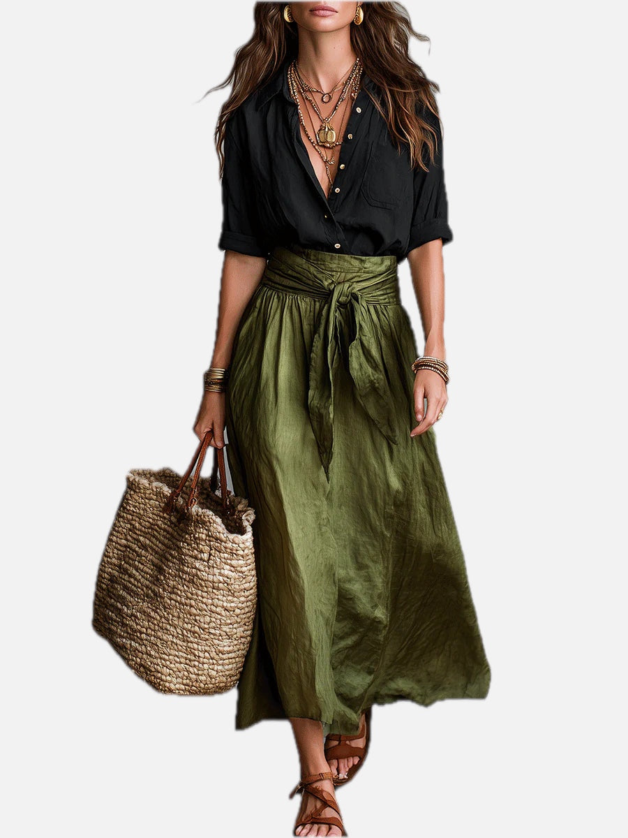 Women's Two-Piece Midi Dress with Collar and Tie-Waist Skirt
