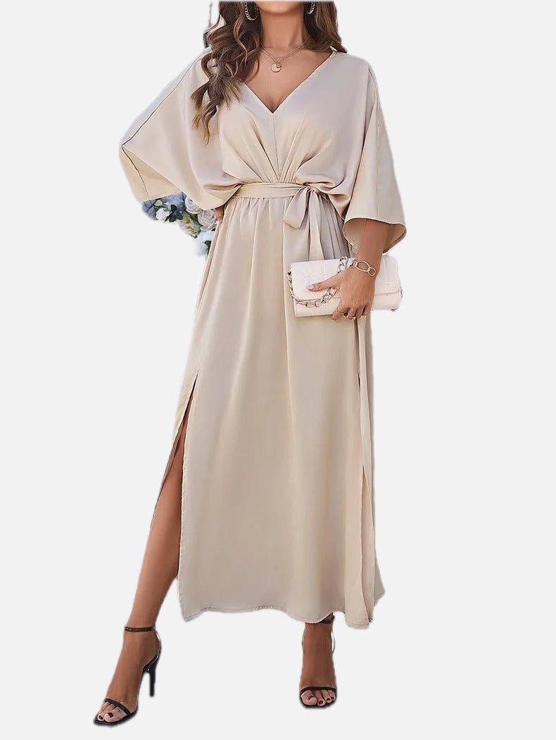 Women's Wrap Dress with Side Slit and V-Neck - 1