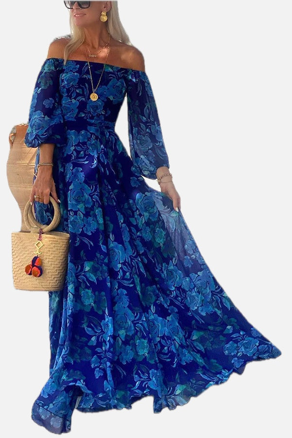 Women's Off-Shoulder Maxi Dress with Floral Print and Flared Sleeves - 1