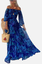 Women's Off-Shoulder Maxi Dress with Floral Print and Flared Sleeves - 1