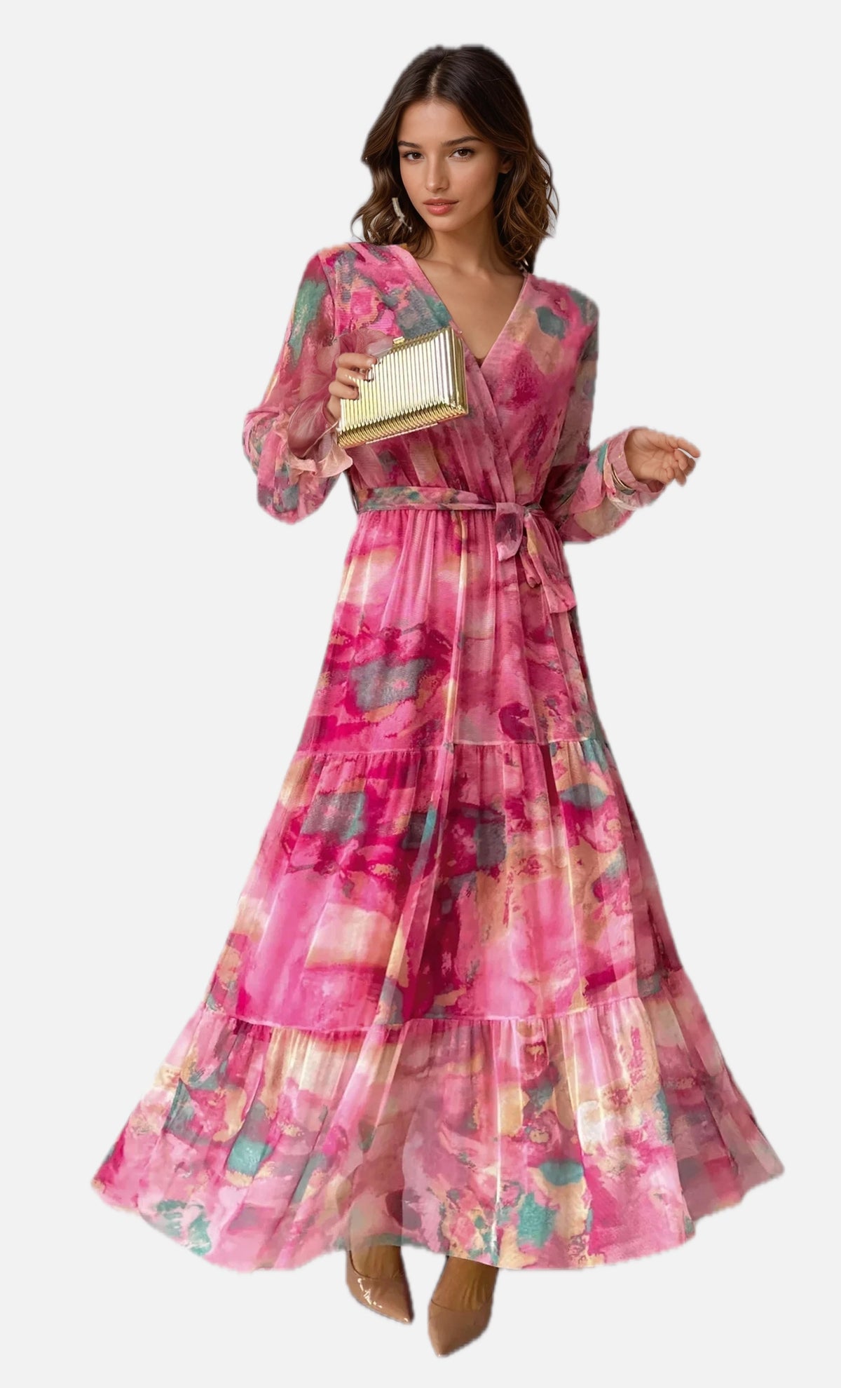 Women's Floral Maxi Dress Long Sleeve with Wrap Front and Tiered Skirt