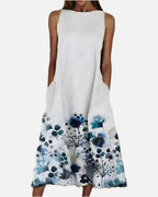 Women's Floral Print Midi Dress Sleeveless with Round Neck and Pockets