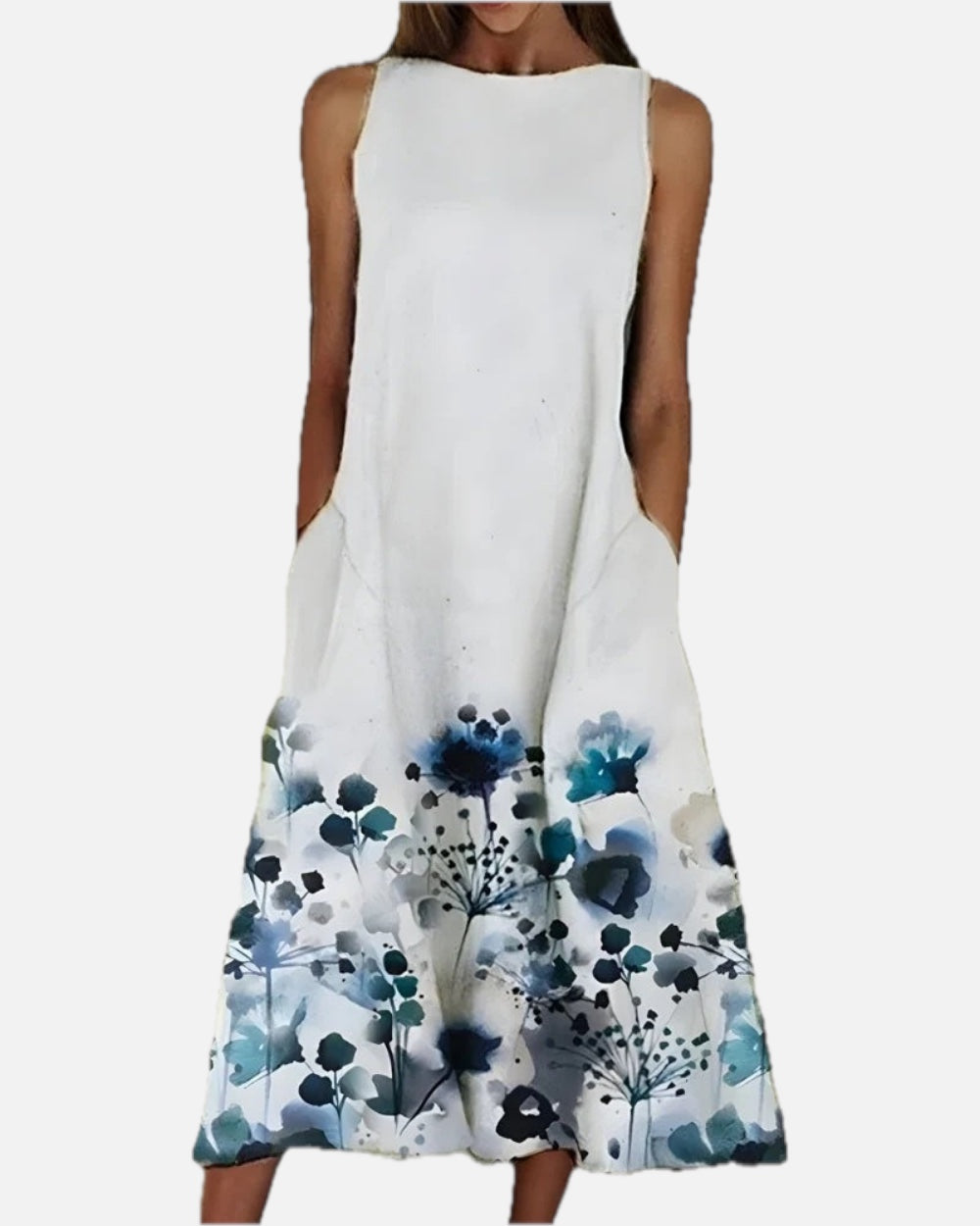 Women's Floral Print Midi Dress Sleeveless with Round Neck and Pockets