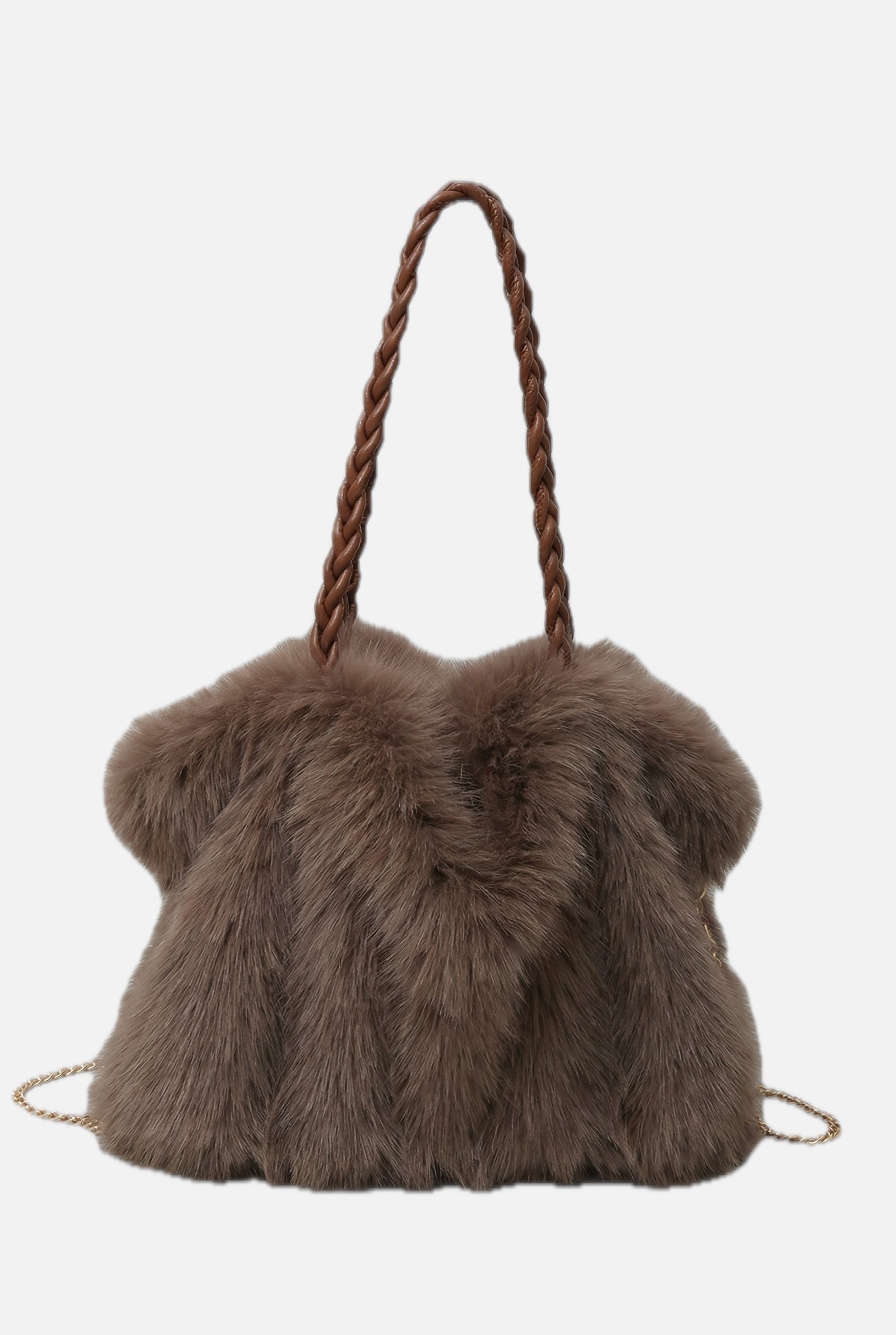 Women's Shoulder Bag with Faux Fur Texture and Braided Handle