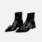 Women's Chunky Mid-Heel Zipper Biker Boots with Buckle Detail