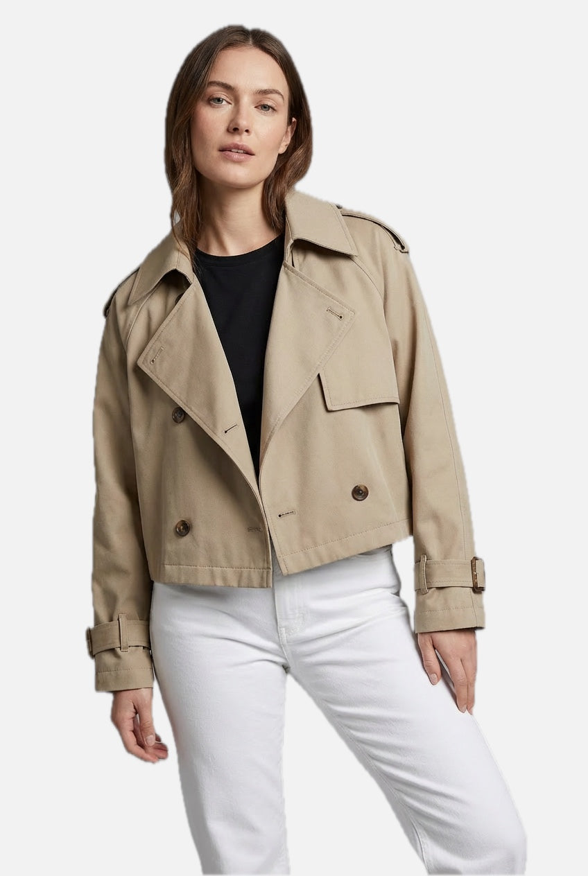 Women's Cropped Trench Coat with Double-Breasted Front and Belted Cuffs