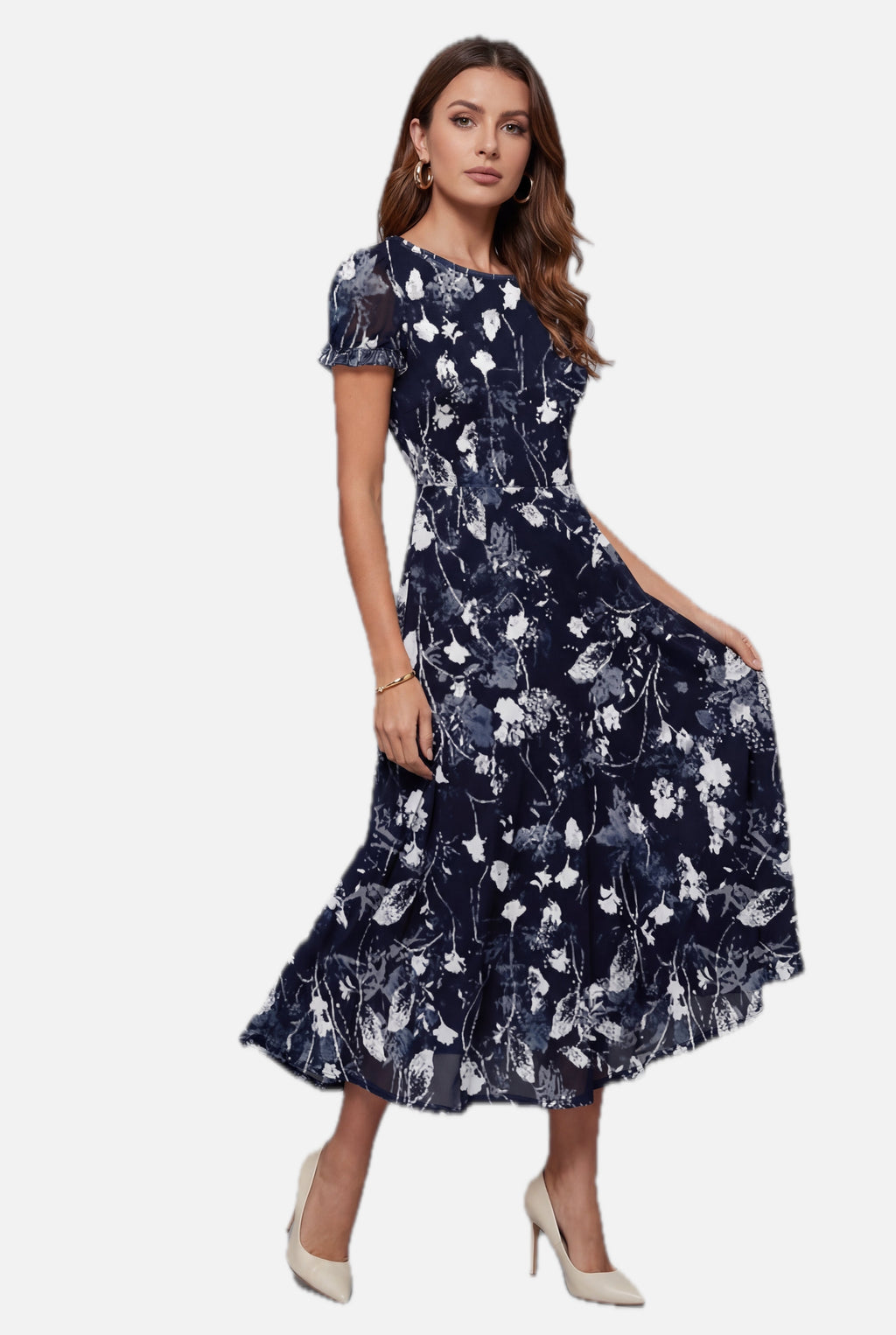 Women's Floral Midi Dress Short Sleeve with Crew Neck and A-Line Skirt