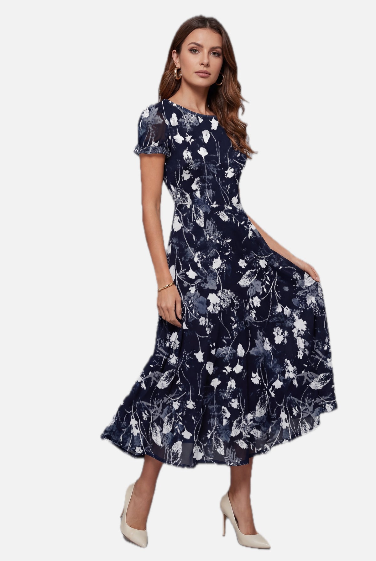 Women's Floral Midi Dress Short Sleeve with Crew Neck and A-Line Skirt