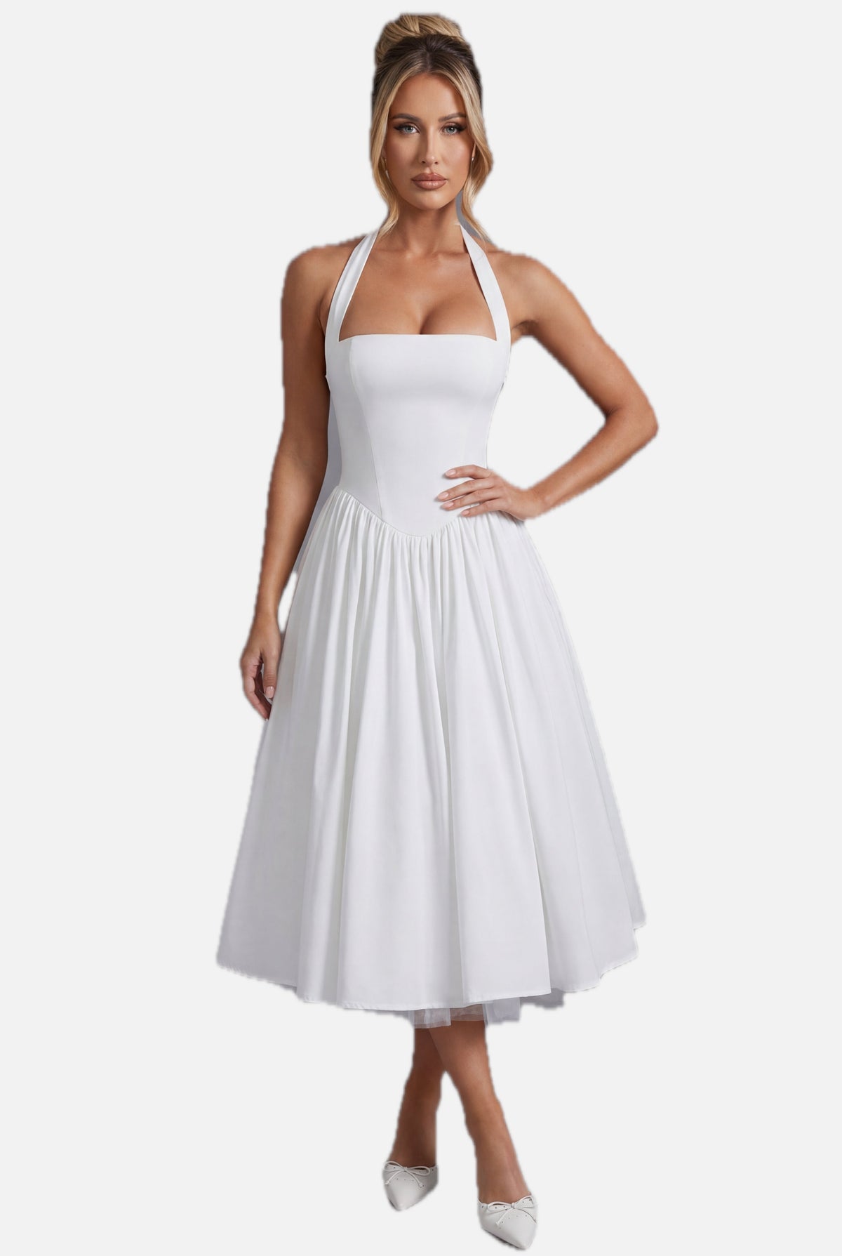 Women's Halter Midi Dress with A-Line Skirt - 1
