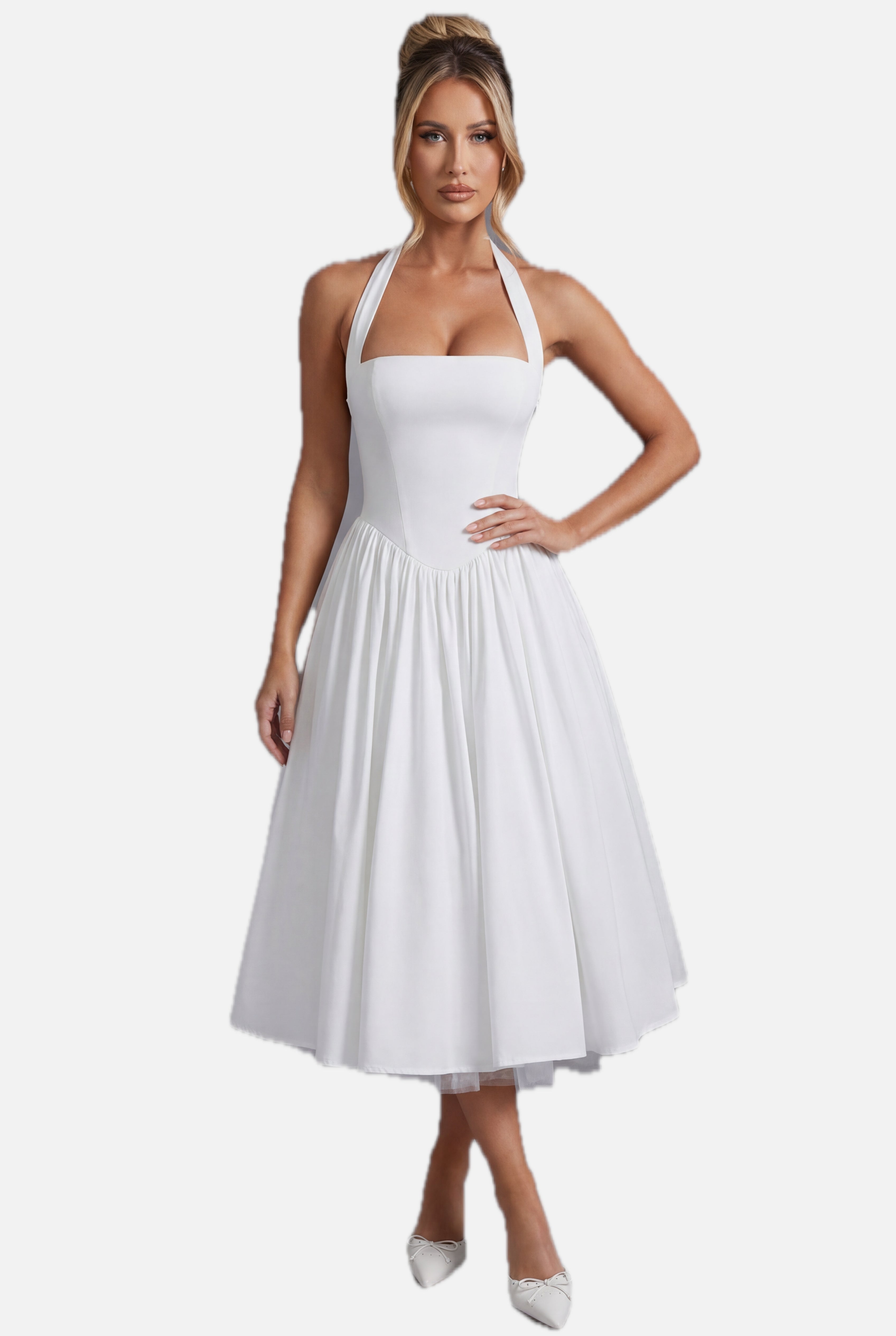 Women's Halter Midi Dress with A-Line Skirt - 1
