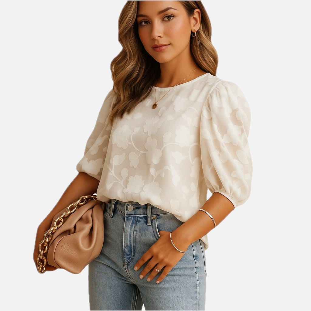 Women's Floral Blouse with Puff Sleeves and Round Neck