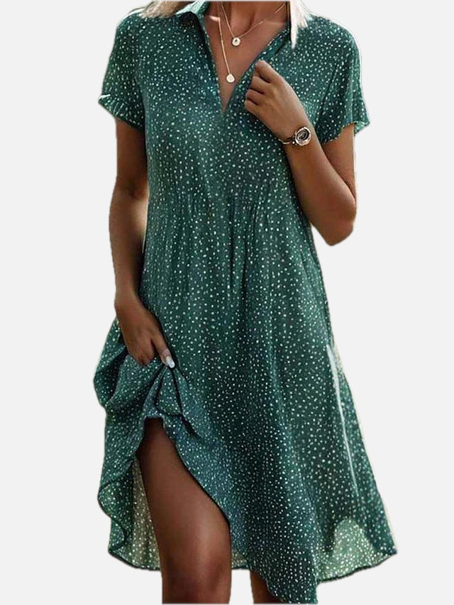 Women's Midi Shirt Dress with Short Sleeves and V-Neck Collar