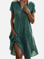 Women's Midi Shirt Dress with Short Sleeves and V-Neck Collar