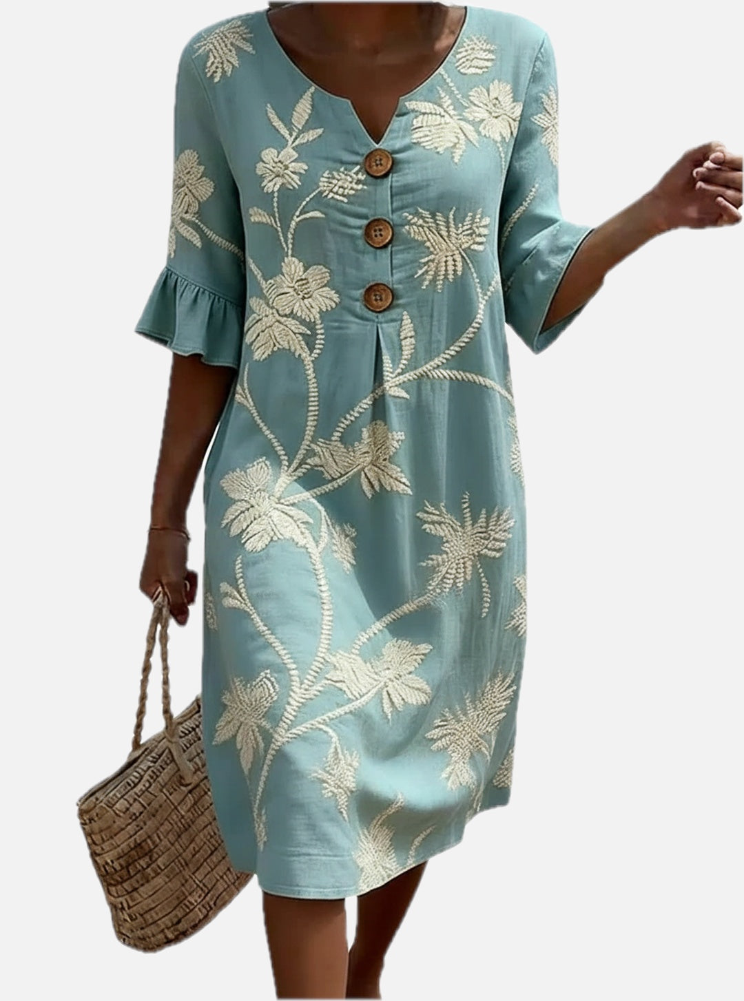 Women's Floral Midi Dress with V-Neck and Button-Down Front