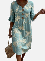 Women's Floral Midi Dress with V-Neck and Button-Down Front