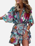 Women's V-Neck Ruffle Dress with Short Sleeves