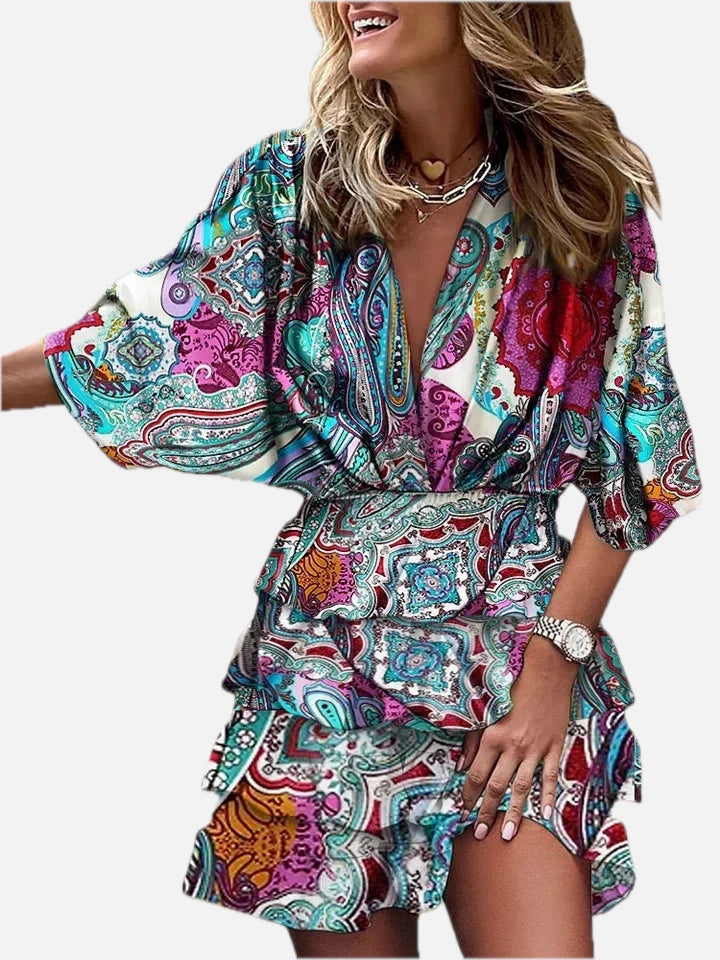 Women's V-Neck Ruffle Dress with Short Sleeves