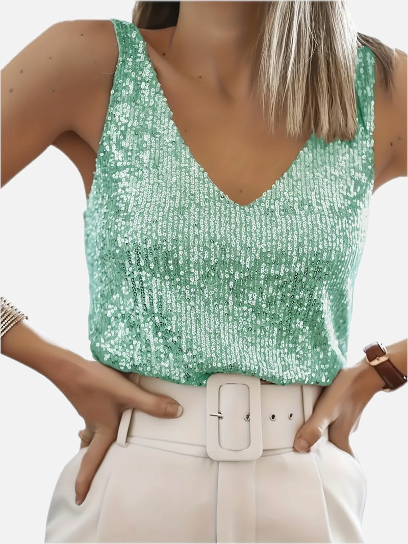 Women's Sequin Tank Top Sleeveless with V-Neck