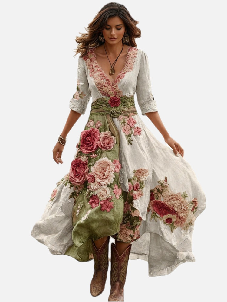 Women's Floral Midi Dress with V-Neck and Asymmetric Hem