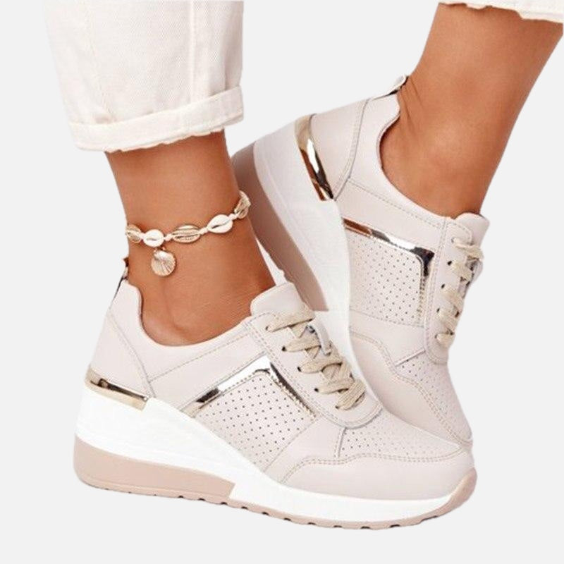 Women's Wedge Sneakers with Metallic Trim and Lace-Up Front