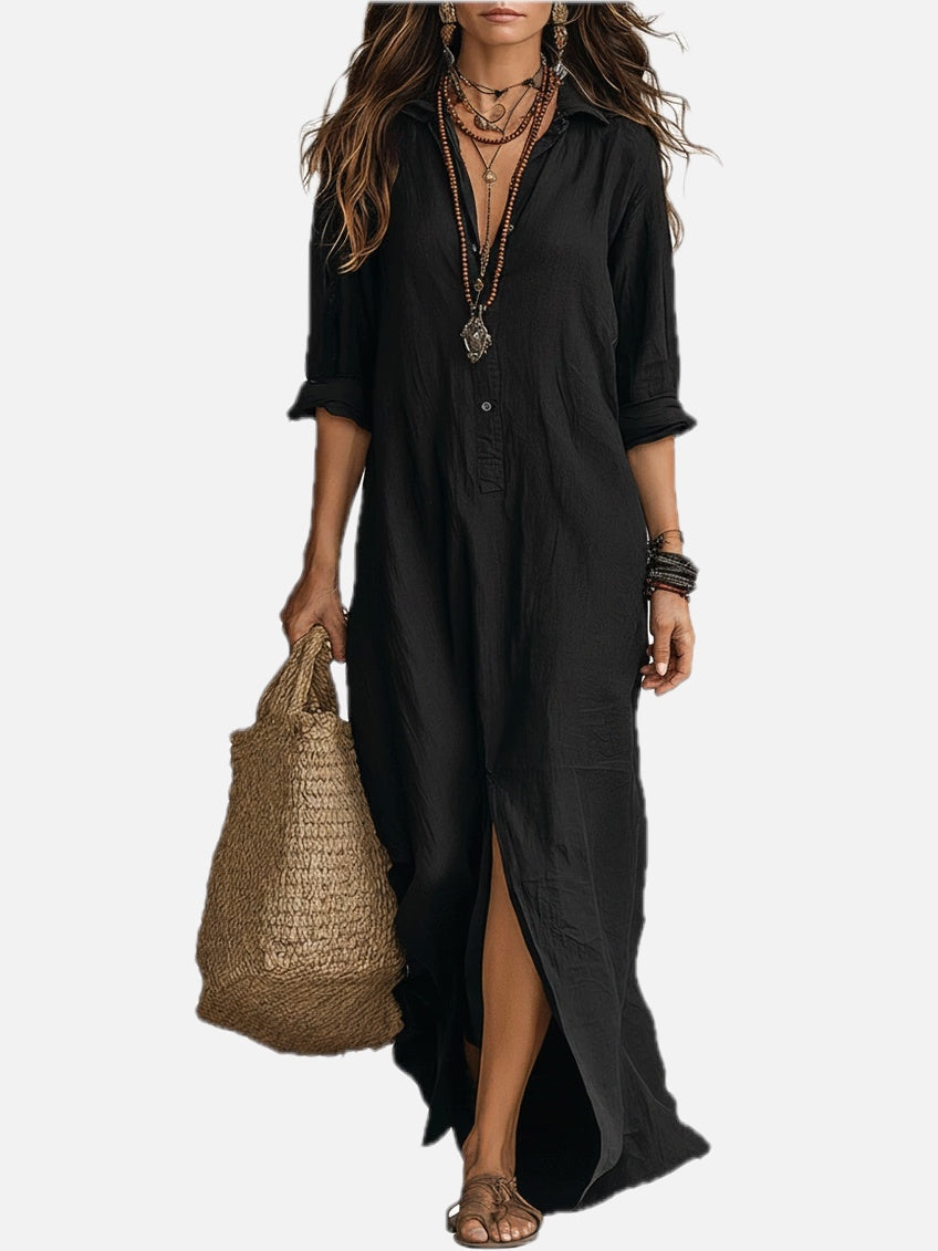Women's Maxi Dress Long Sleeve with Shirt Collar and Side Split