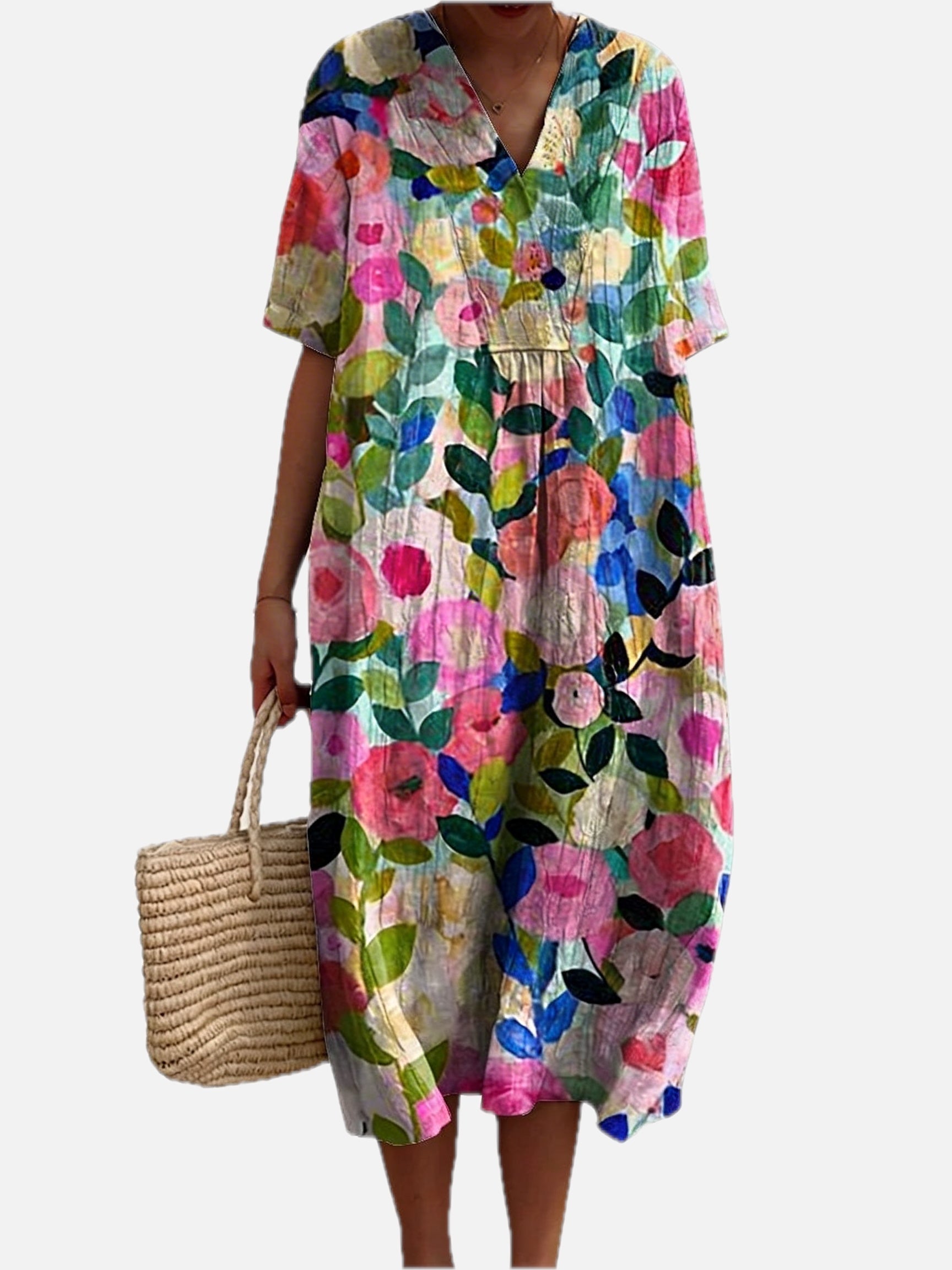 Women's Floral Midi Dress with V-Neck and Short Sleeves