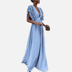 Women's Maxi Dress with Ruffled Sleeves and Plunging V-Neck