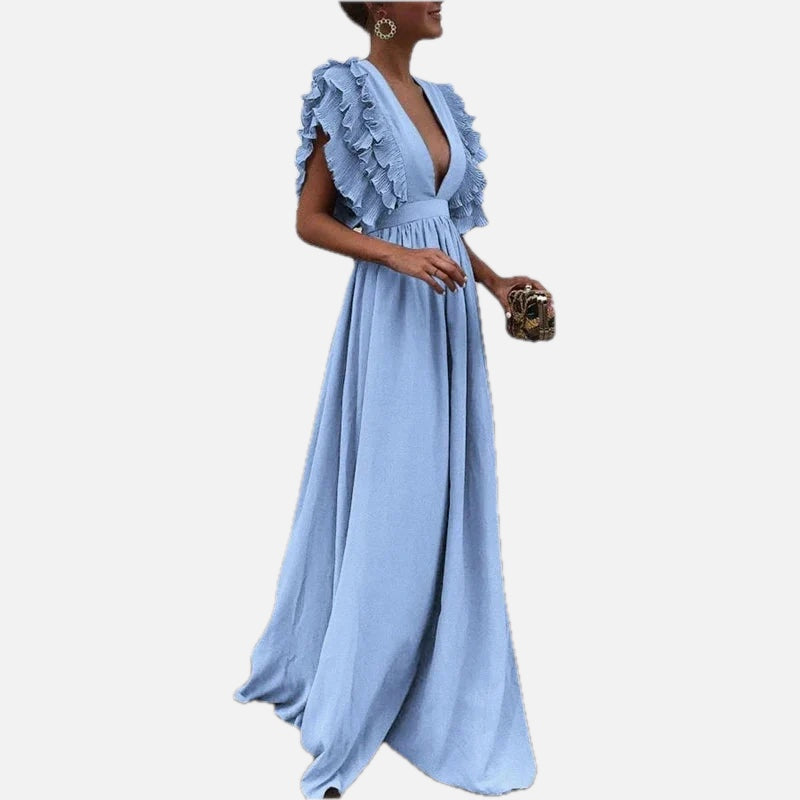 Women's Maxi Dress with Ruffled Sleeves and Plunging V-Neck