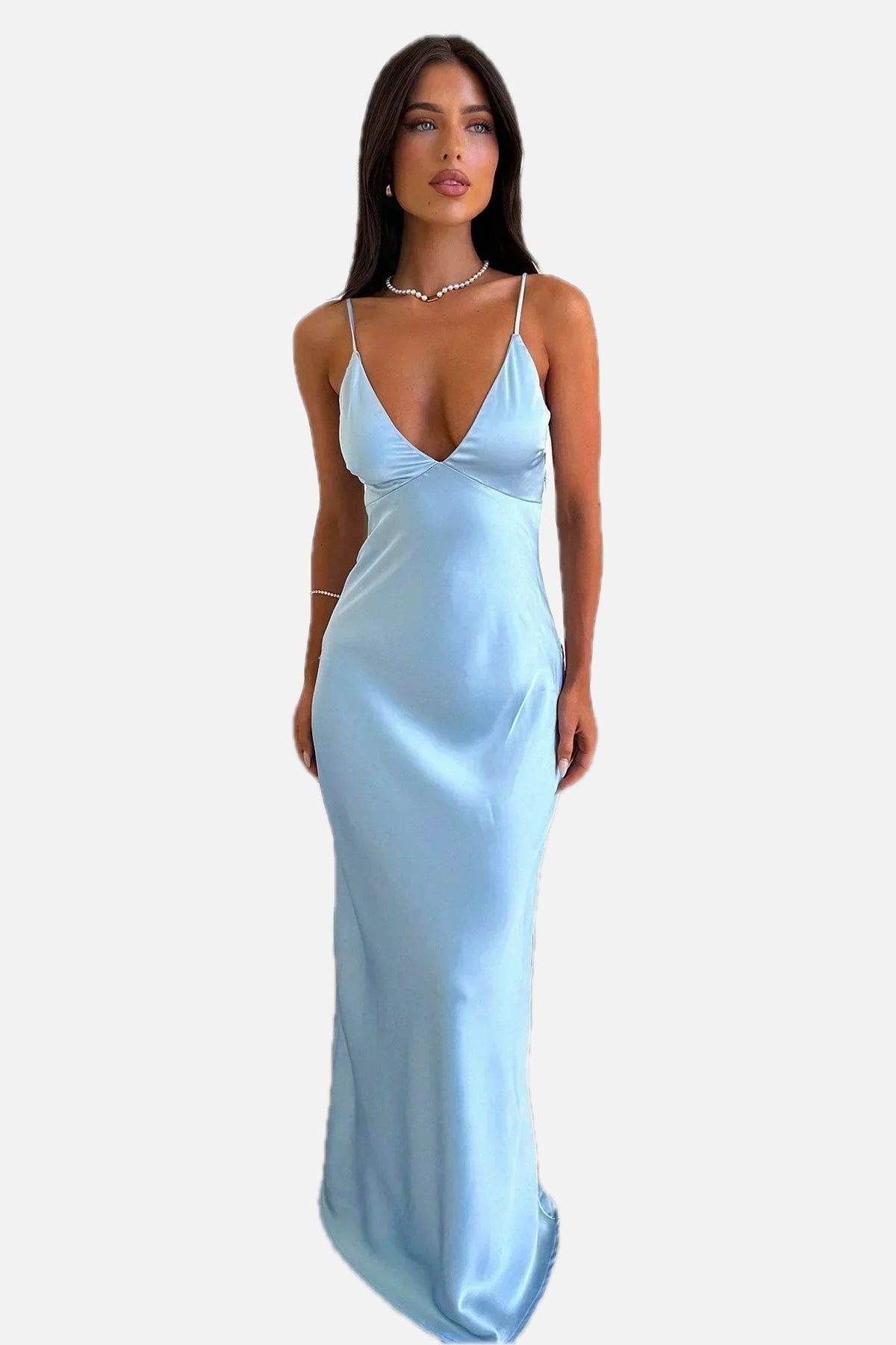 Women's Satin Maxi Dress with V-Neck and Slim Straps