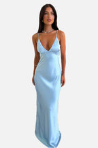 Women's Satin Maxi Dress with V-Neck and Slim Straps