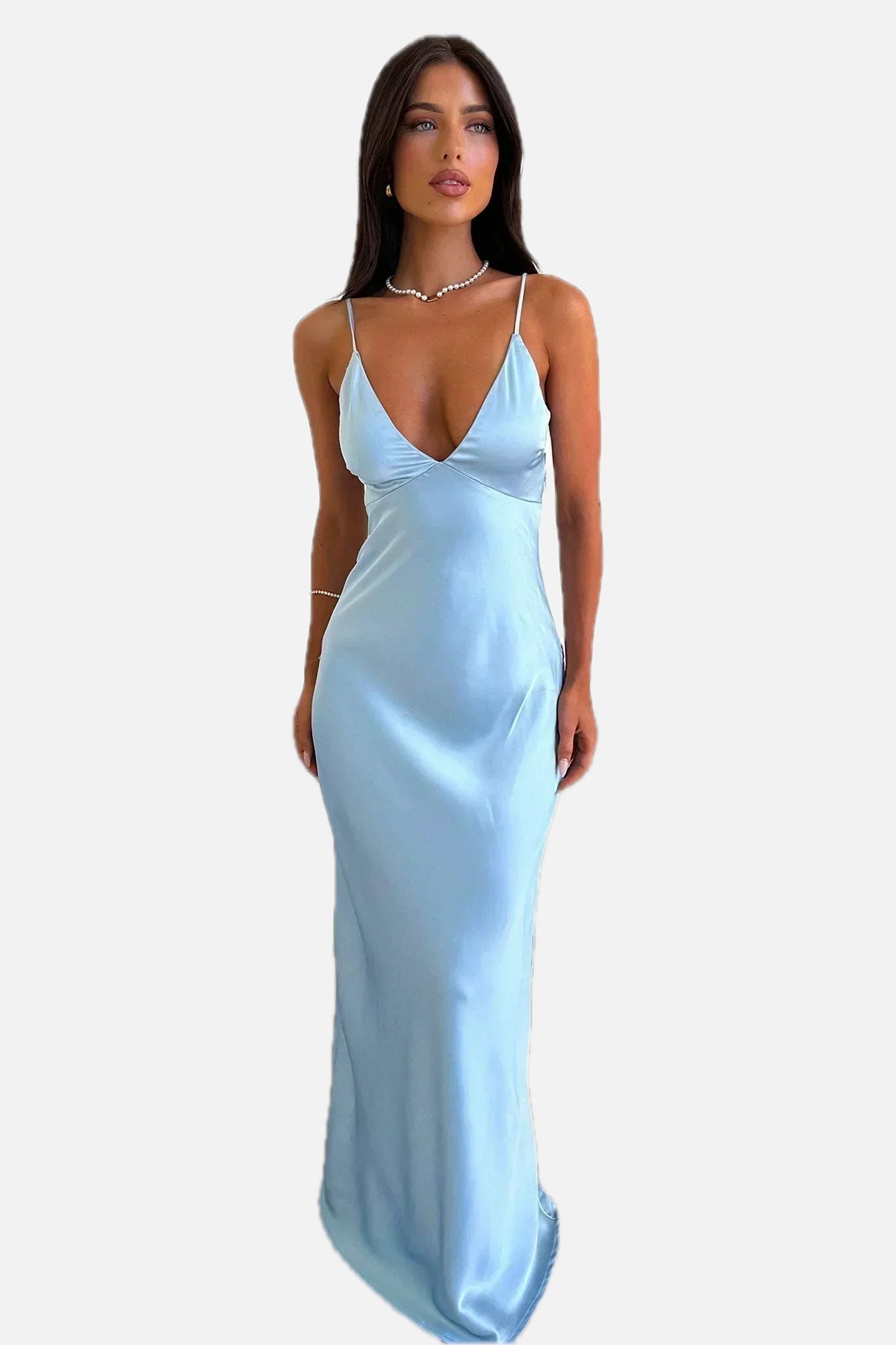 Women's Satin Maxi Dress with V-Neck and Slim Straps