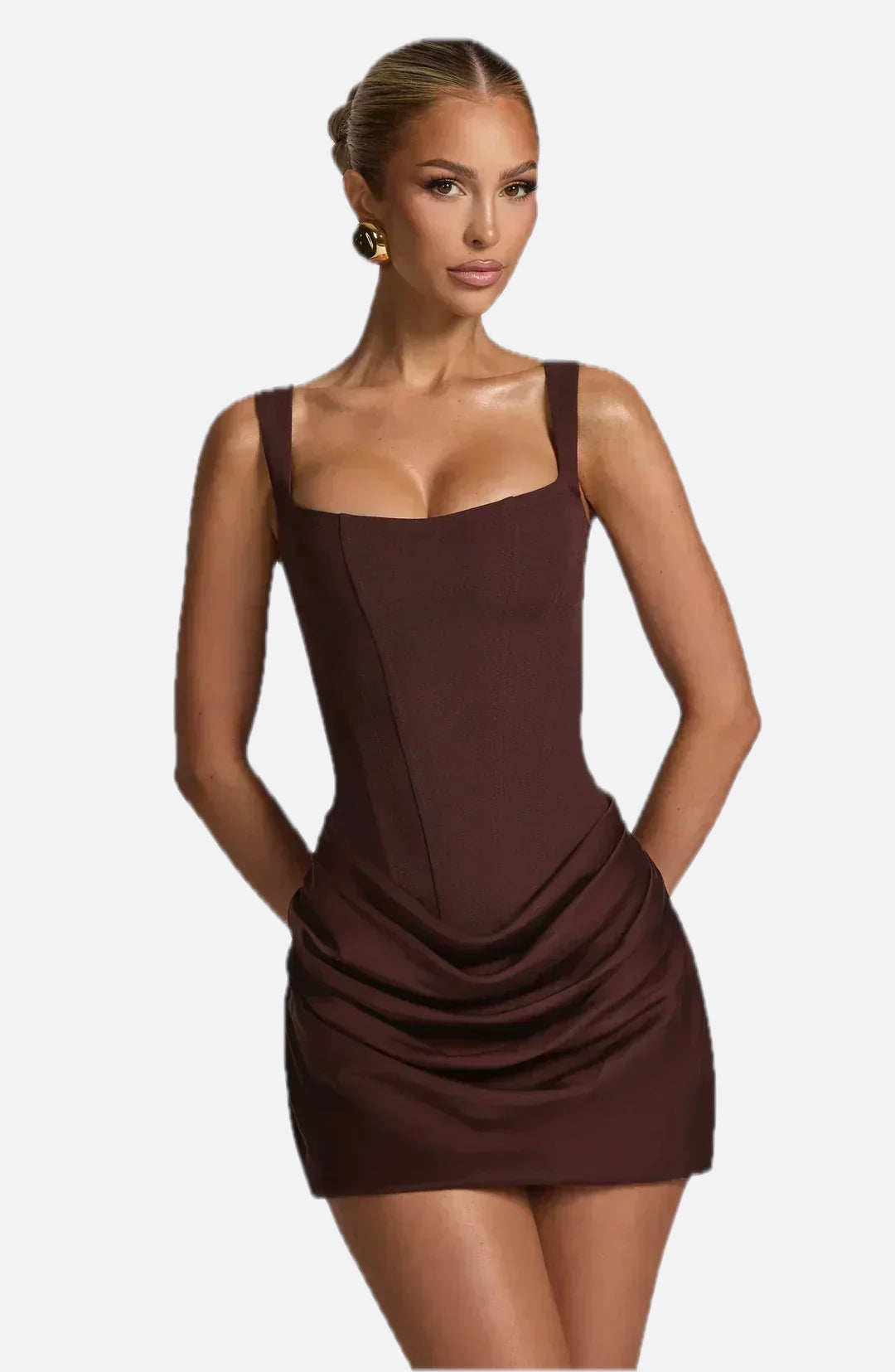 Women Corset Mini Dress Sleeveless with Square Neck and Draped Skirt
