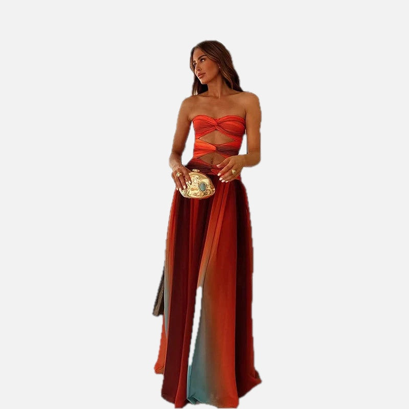 Women's Strapless Maxi Dress with Cutout Detail and Ombré Gradient