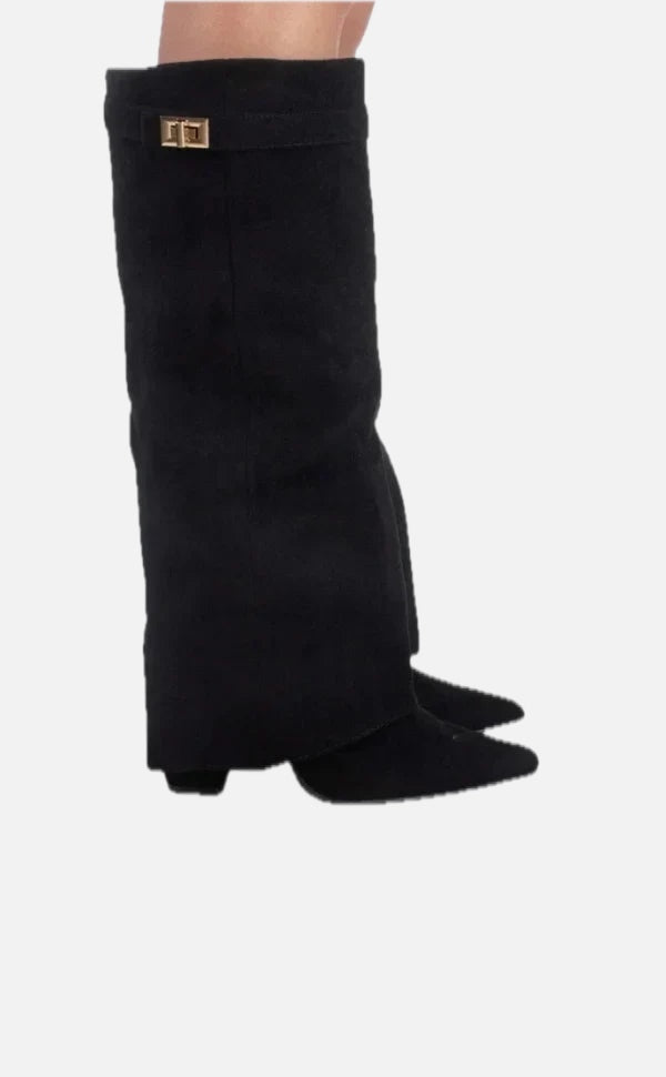 Women's Knee-High Boots with Fold-Over Shaft and Metallic Buckle