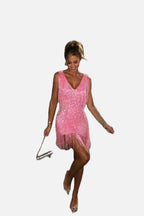 Women's Sequin Fringe Mini Dress with V-Neck and Sleeveless Design