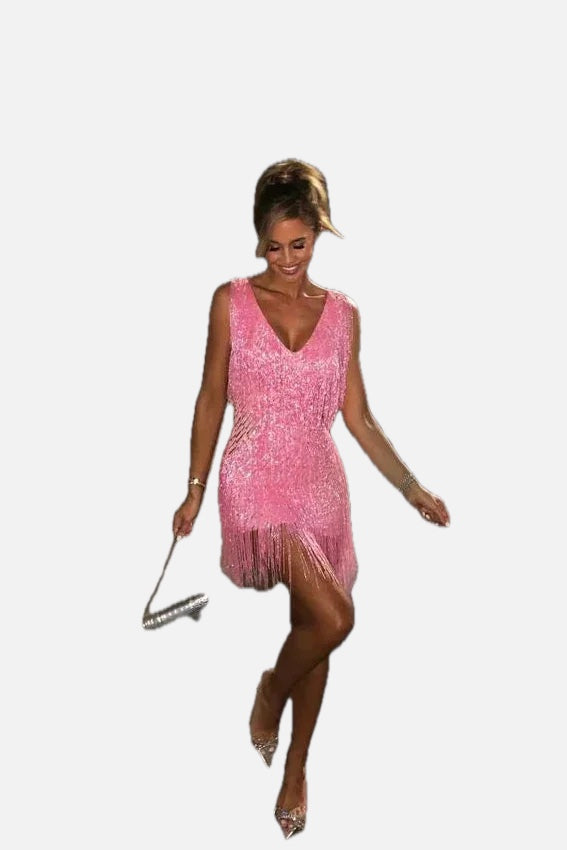 Women's Sequin Fringe Mini Dress with V-Neck and Sleeveless Design