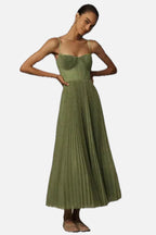 Women's Pleated Midi Dress Sleeveless with Bustier Bodice and A-Line Skirt