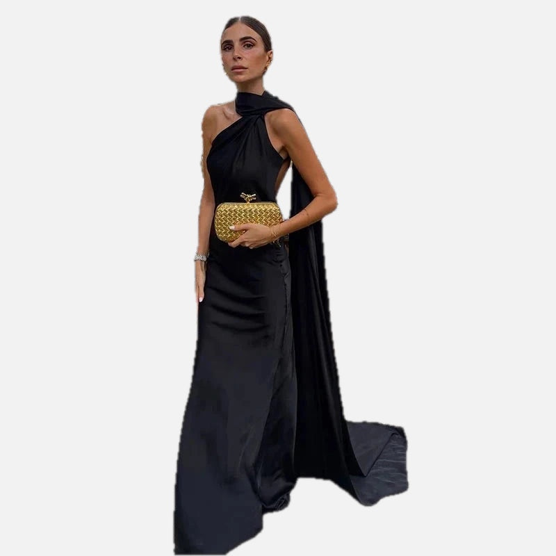 Women's Draped One-Shoulder Maxi Dress with Flowing Train
