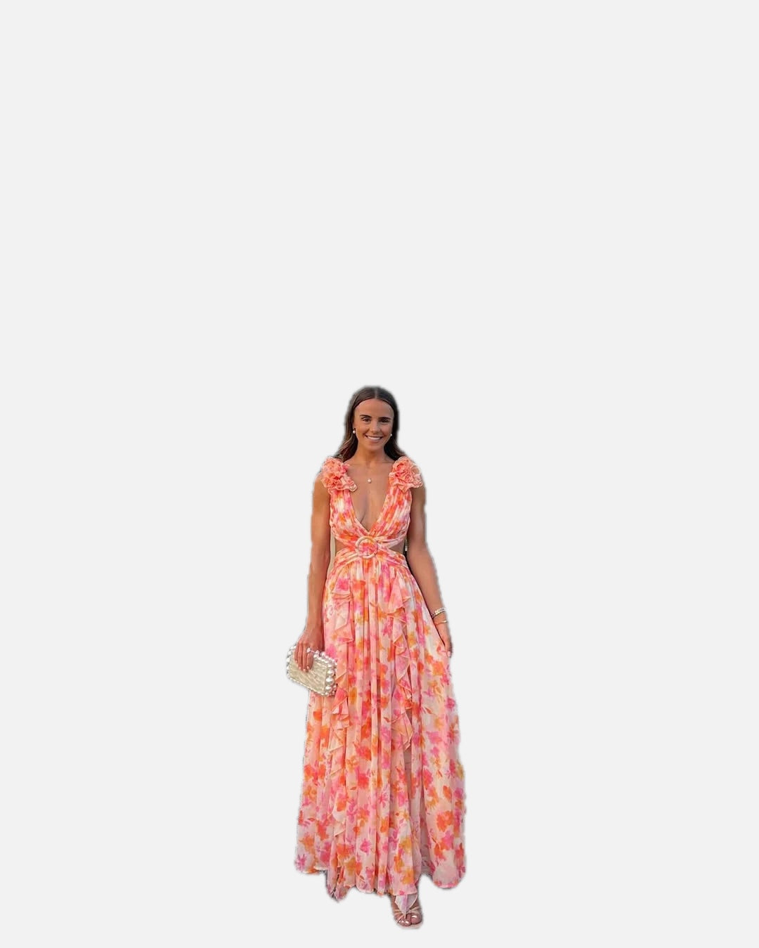 Women's Sleeveless Floral Maxi Dress with V-Neck and Cutout Waist