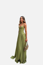 Women's Corset Maxi Dress Pleated with Sweetheart Neckline and A-Line Skirt