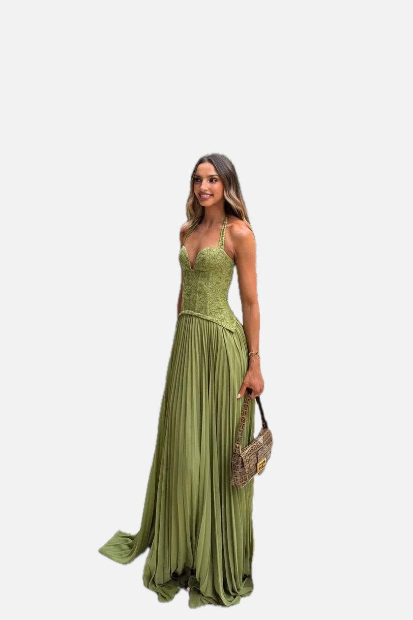 Women's Corset Maxi Dress Pleated with Sweetheart Neckline and A-Line Skirt