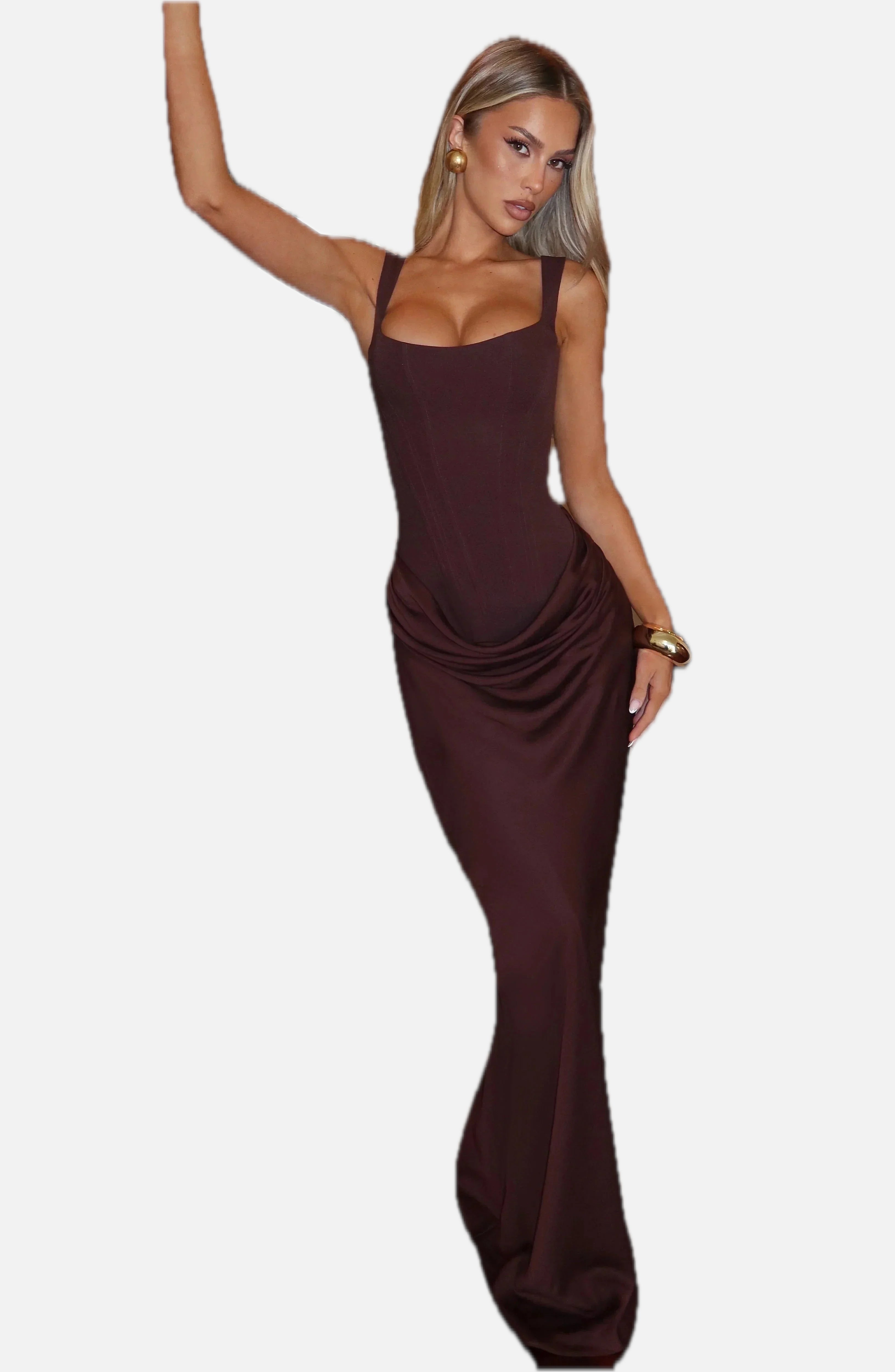 Women's Backless Bodycon Maxi Dress with Square Neck and Draped Skirt - 1